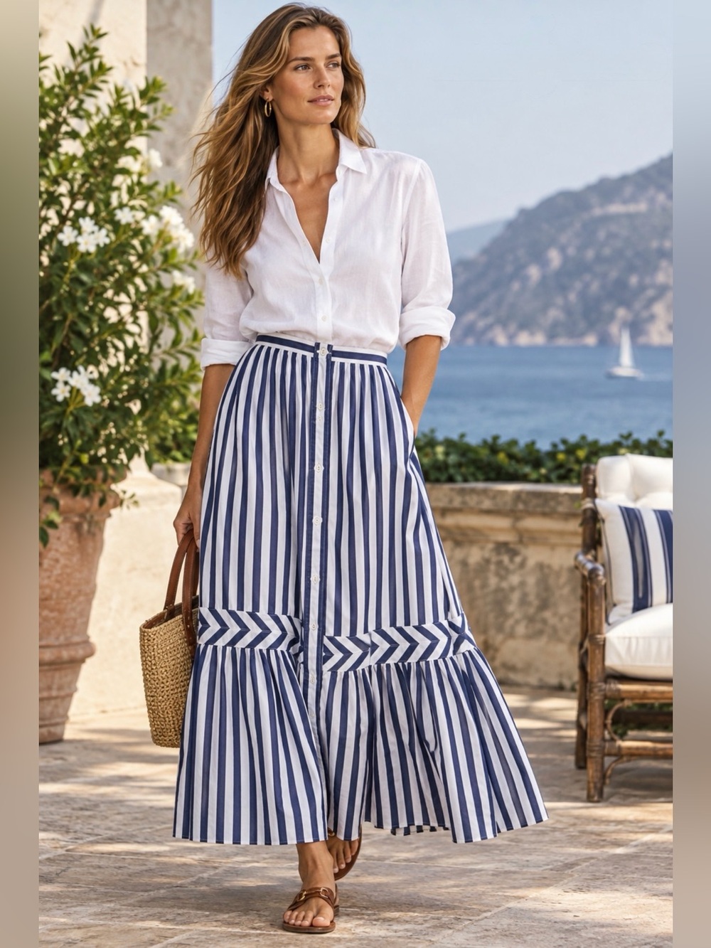 Vintage Ralph Lauren | Striped Button-Front Maxi Skirt in Navy and White